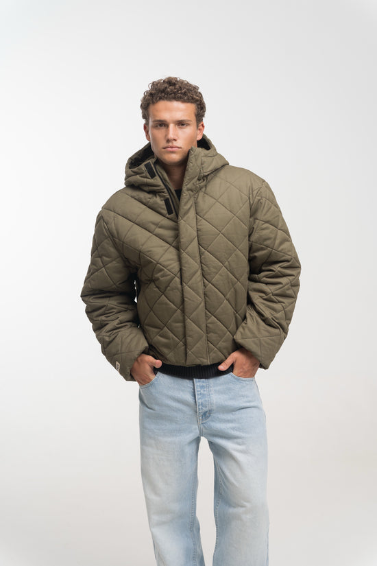 KHAKI QUILTED HOODED JACKET