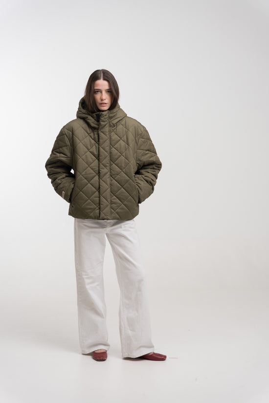 KHAKI QUILTED HOODED JACKET