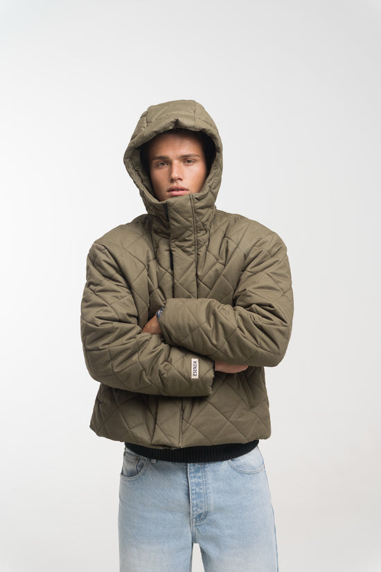 KHAKI QUILTED HOODED JACKET