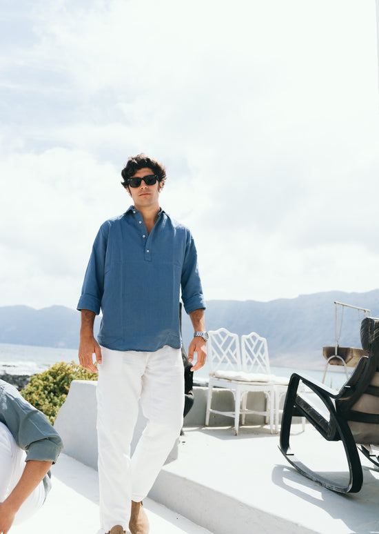 WASHED SPRING BLUE LINEN REGULAR POLO SHIRT