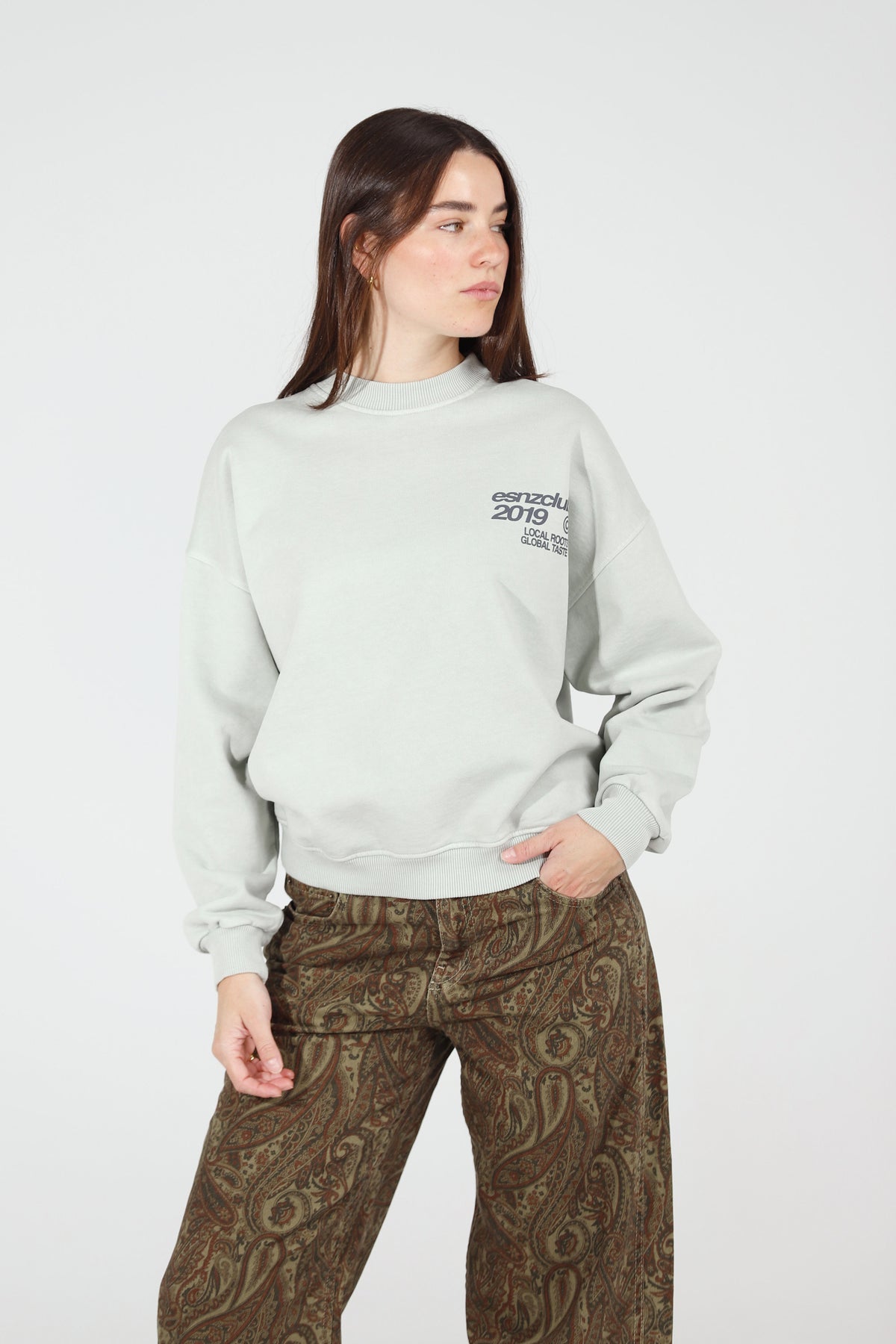 Dove Native Crewneck — front, on model
