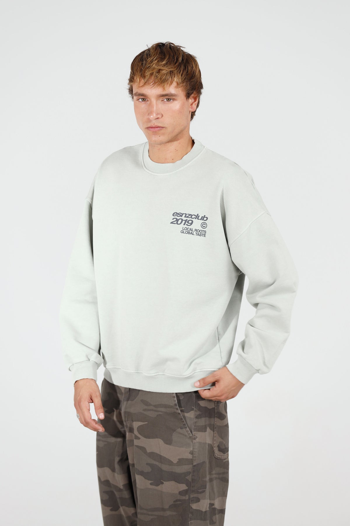 Dove Native Crewneck — front, on model
