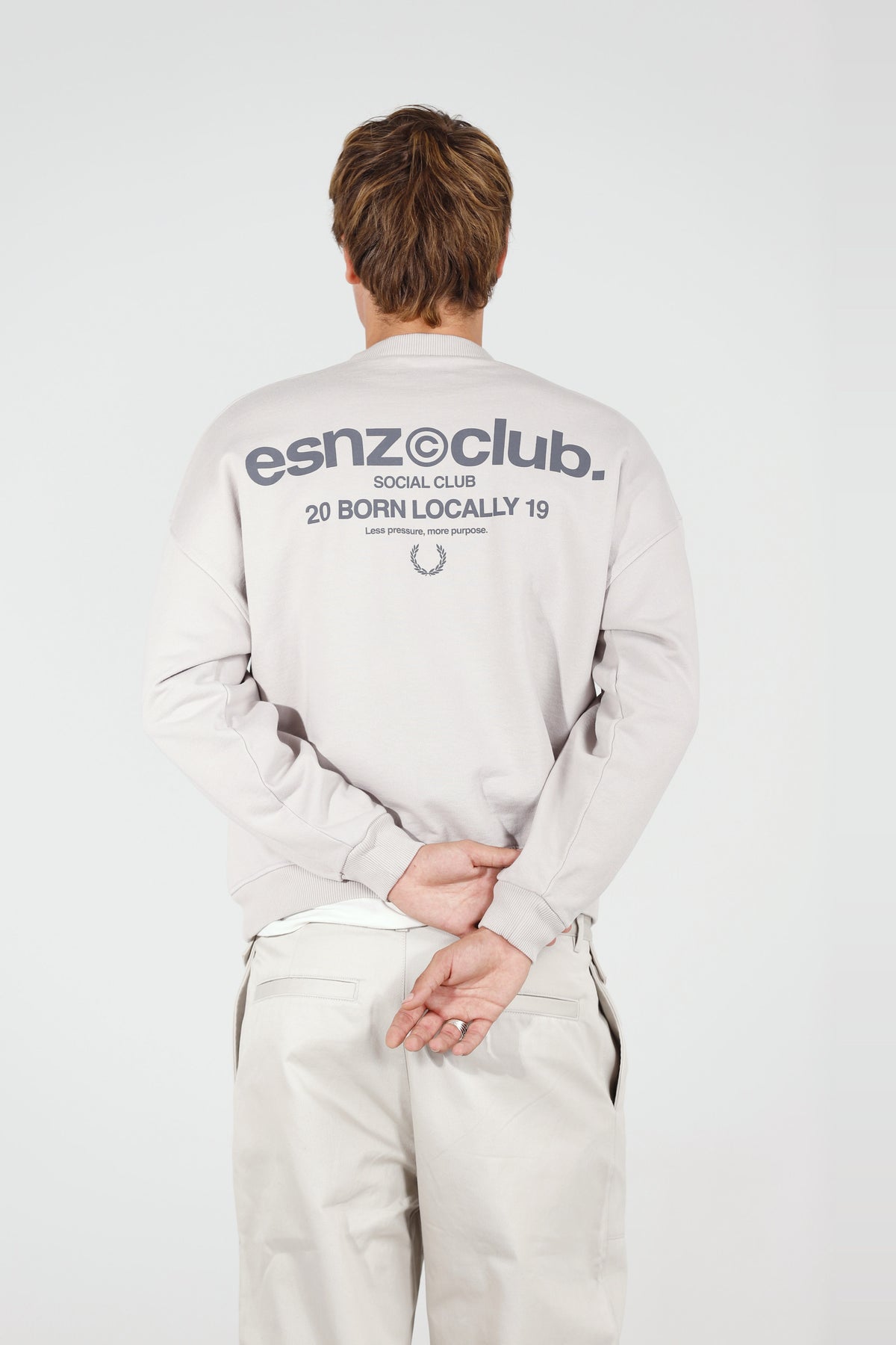 Fog District Crewneck — back, on model