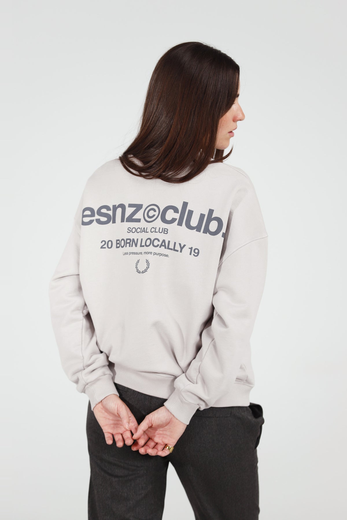 Fog District Crewneck — back, on model