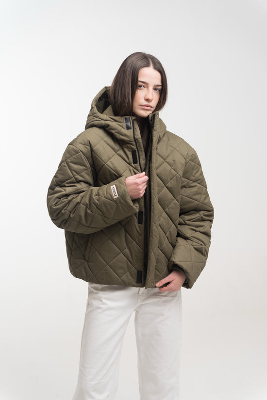 KHAKI QUILTED HOODED JACKET