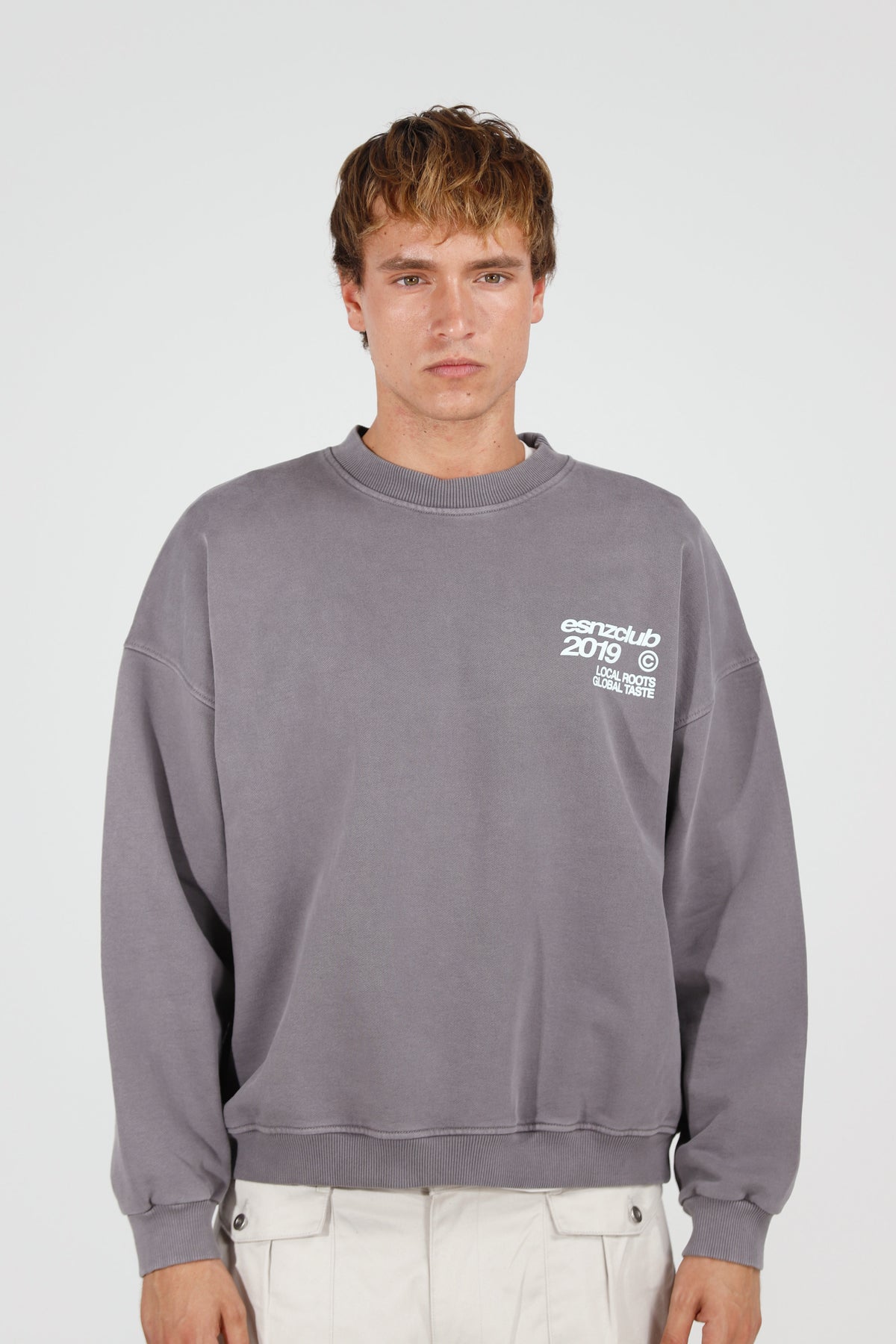 Steel Native Crewneck — front, on model