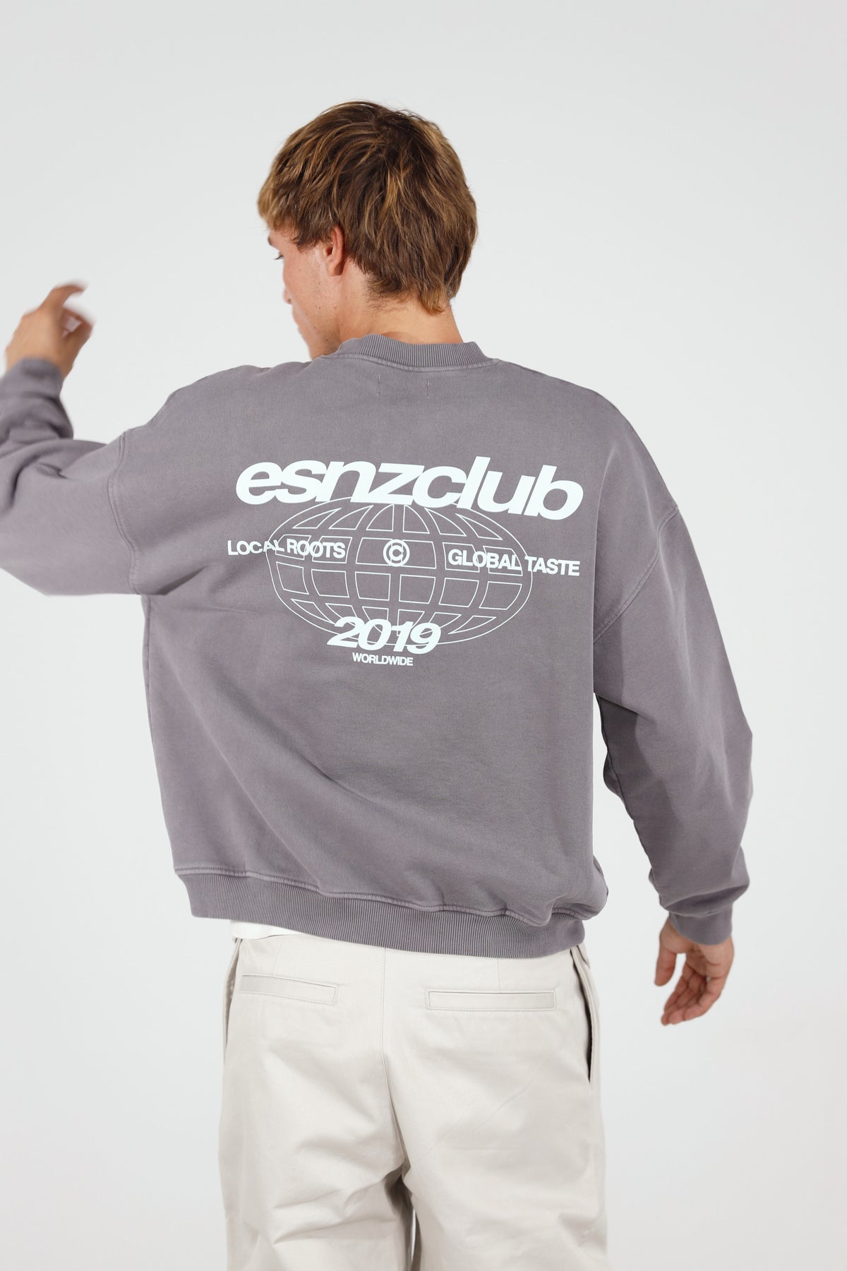 Steel Native Crewneck — back, on model
